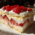 A close-up slice of No-Bake Strawberry Lemon Icebox Cake layered with whipped cream and fresh strawberries.