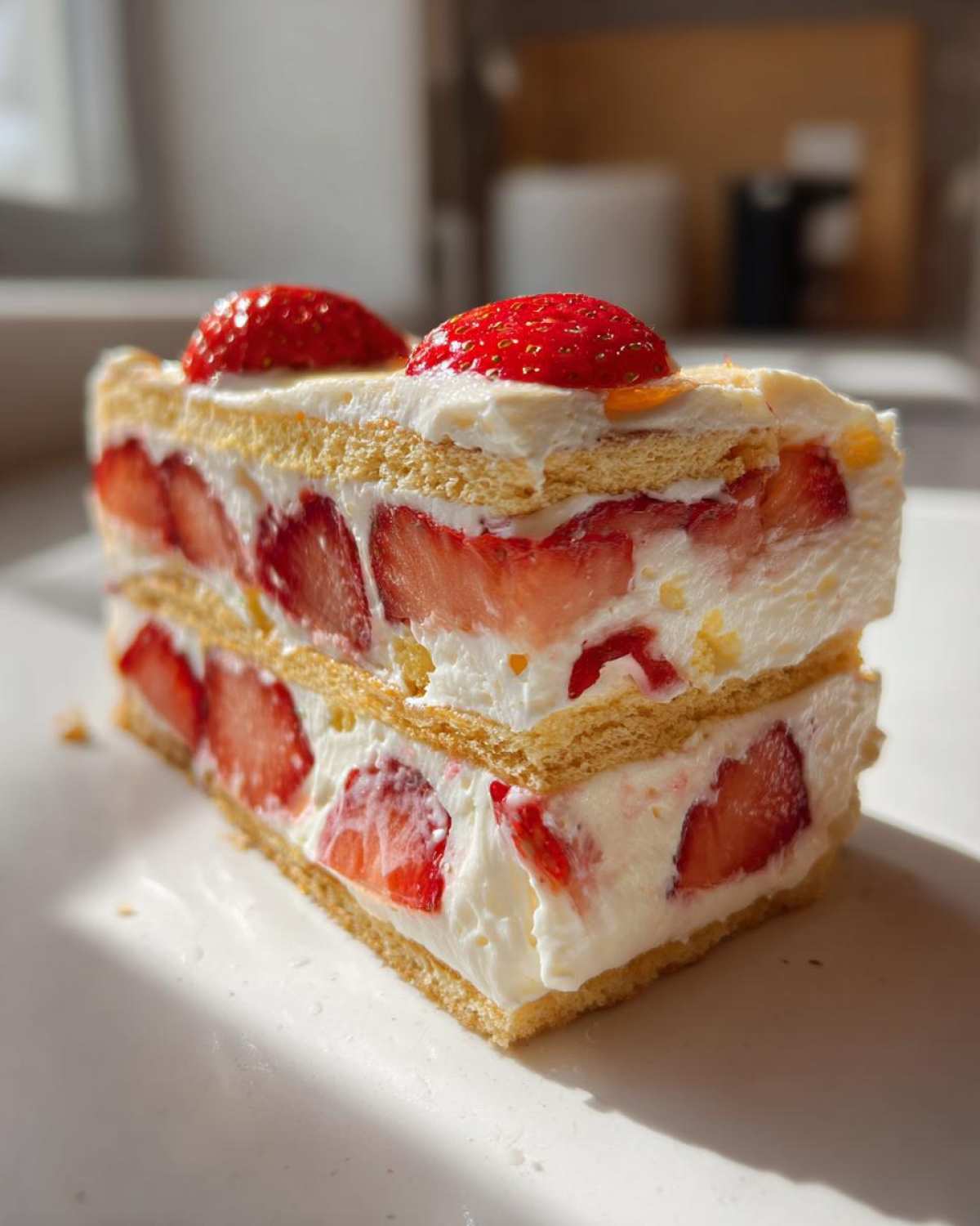 A cross-section slice of No-Bake Strawberry Lemon Icebox Cake showing layers of cream, strawberries, and wafers.