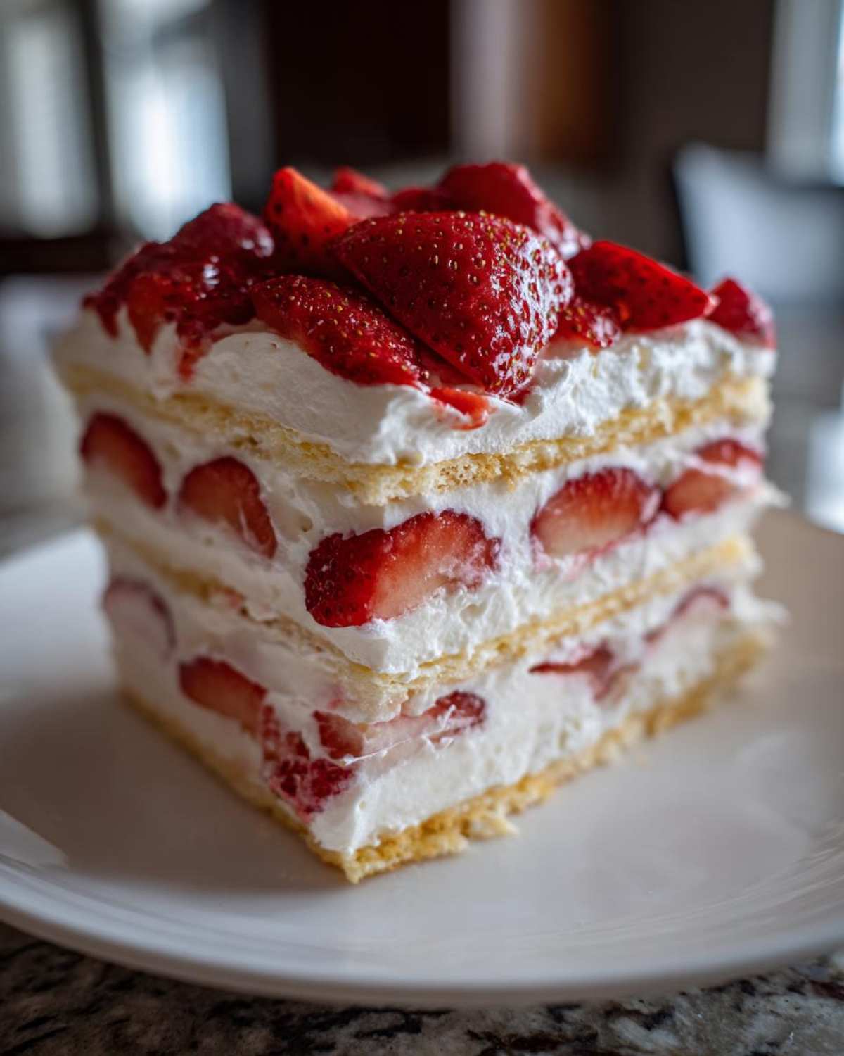 A perfect square slice of No-Bake Strawberry Lemon Icebox Cake layered with whipped cream and fresh strawberries.