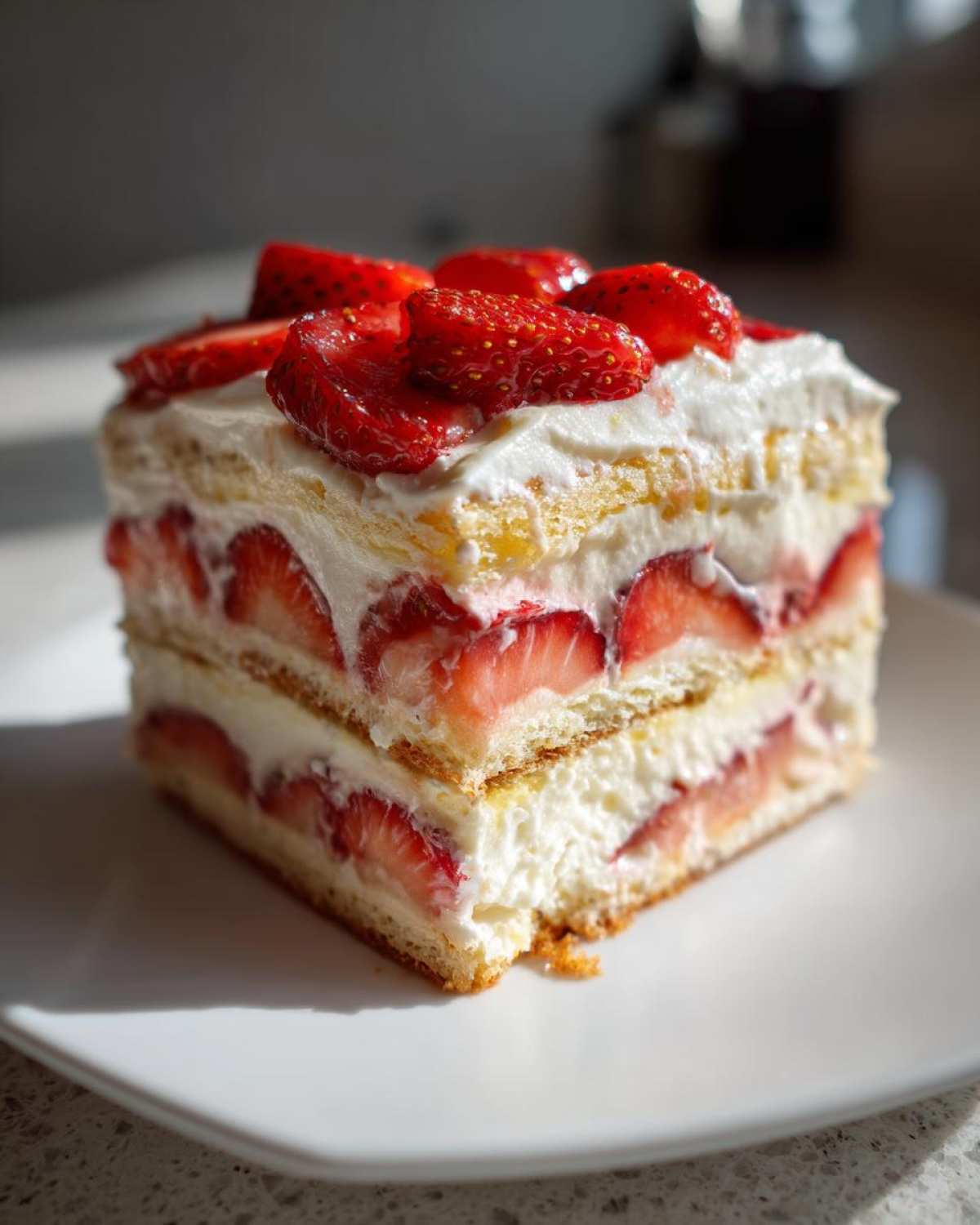 A perfect slice of No-Bake Strawberry Lemon Icebox Cake layered with cream, graham crackers, and fresh strawberries.