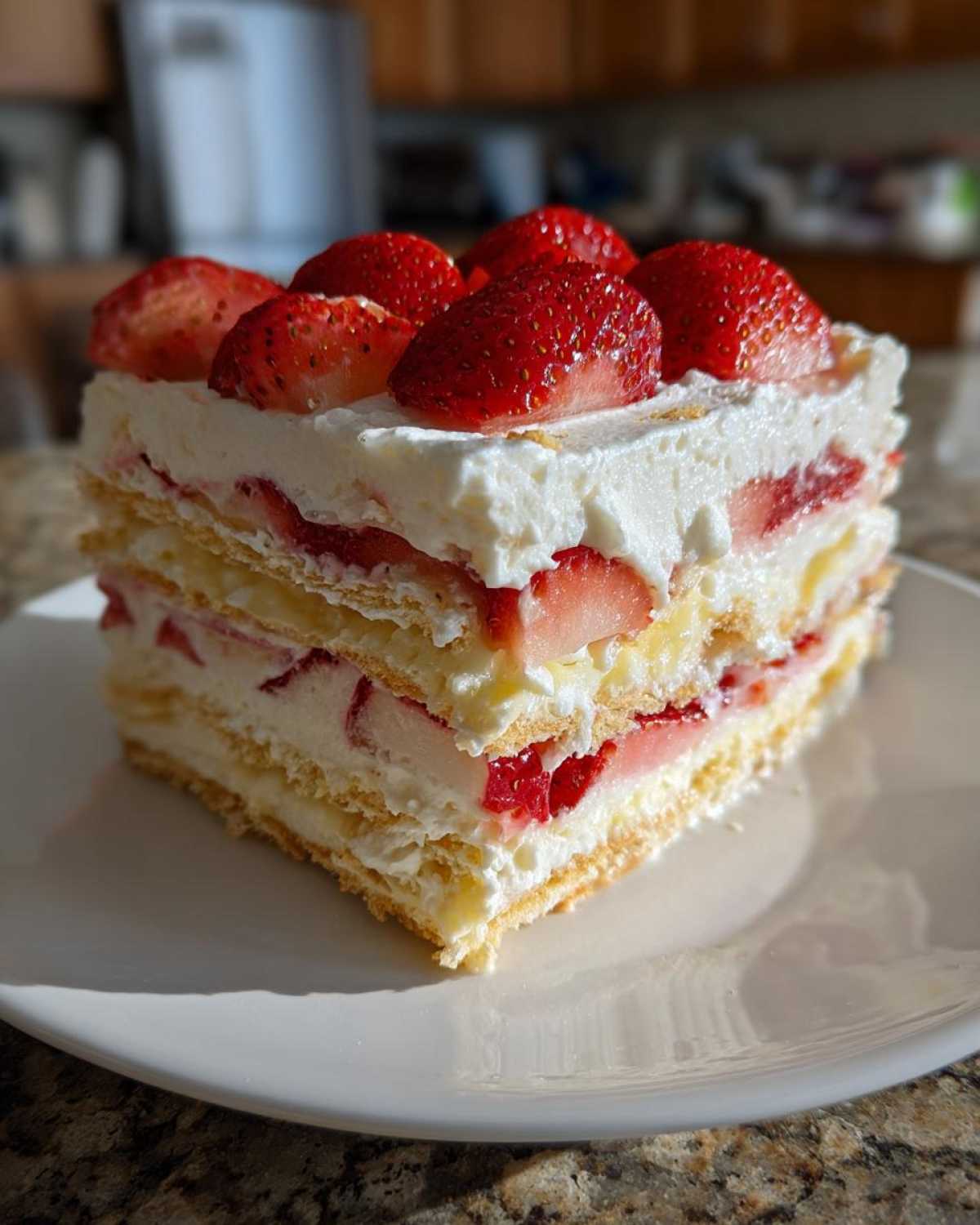 A layered slice of No-Bake Strawberry Lemon Icebox Cake topped with fresh strawberries.