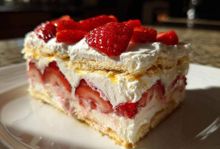 A close-up slice of No-Bake Strawberry Lemon Icebox Cake layered with whipped cream and fresh strawberries.