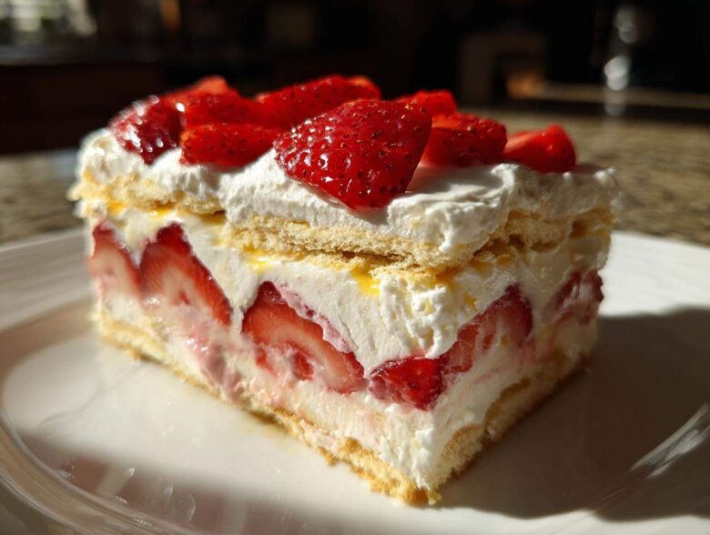 A close-up slice of No-Bake Strawberry Lemon Icebox Cake layered with whipped cream and fresh strawberries.