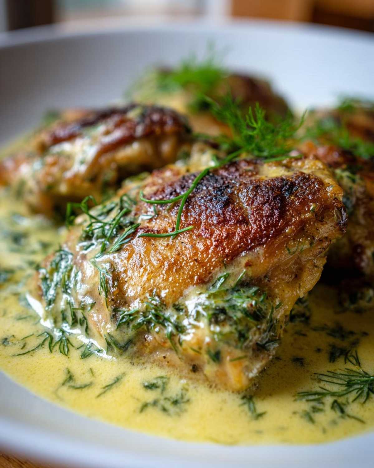 Close-up of crispy One-Pan Creamy Lemon Dill Chicken Thighs covered in a rich, dill-flecked lemon sauce.