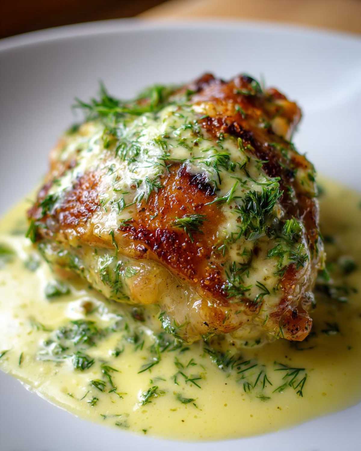 Close-up of One-Pan Creamy Lemon Dill Chicken Thighs with crispy skin covered in lemon dill sauce.