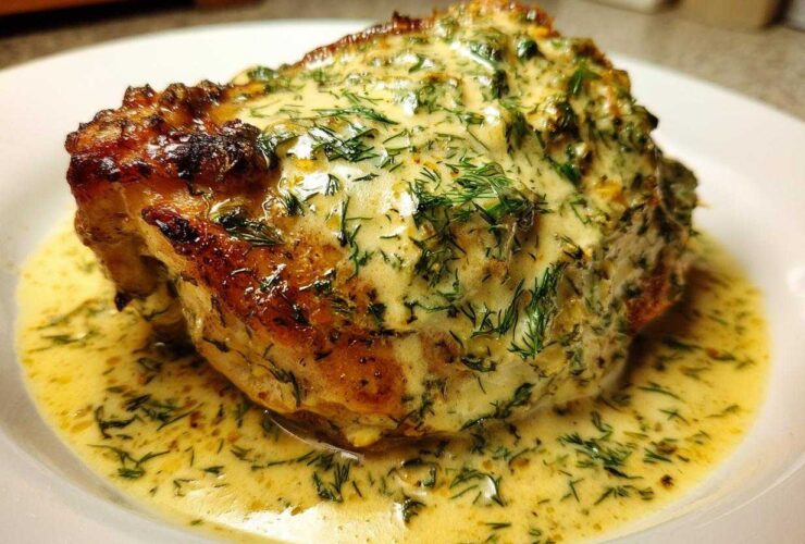 Close-up of a juicy chicken thigh covered in creamy lemon dill sauce and fresh dill.