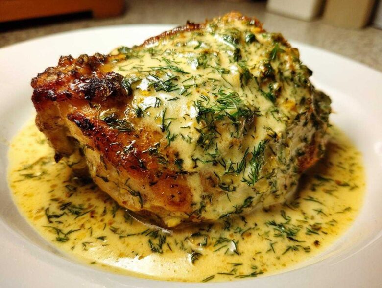 Close-up of a juicy chicken thigh covered in creamy lemon dill sauce and fresh dill.