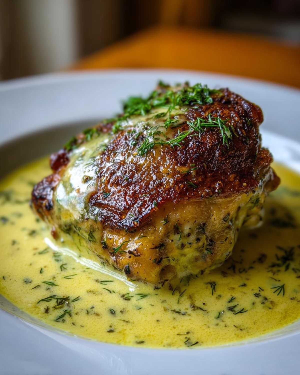 A perfectly seared chicken thigh resting in a pool of creamy lemon dill sauce, garnished with fresh dill.
