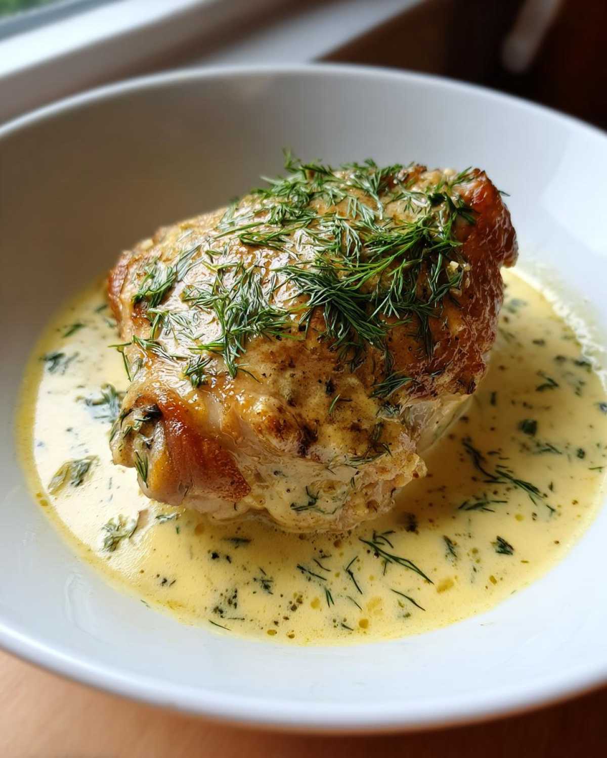 A perfectly cooked chicken thigh served in a creamy lemon dill sauce and topped with fresh dill.