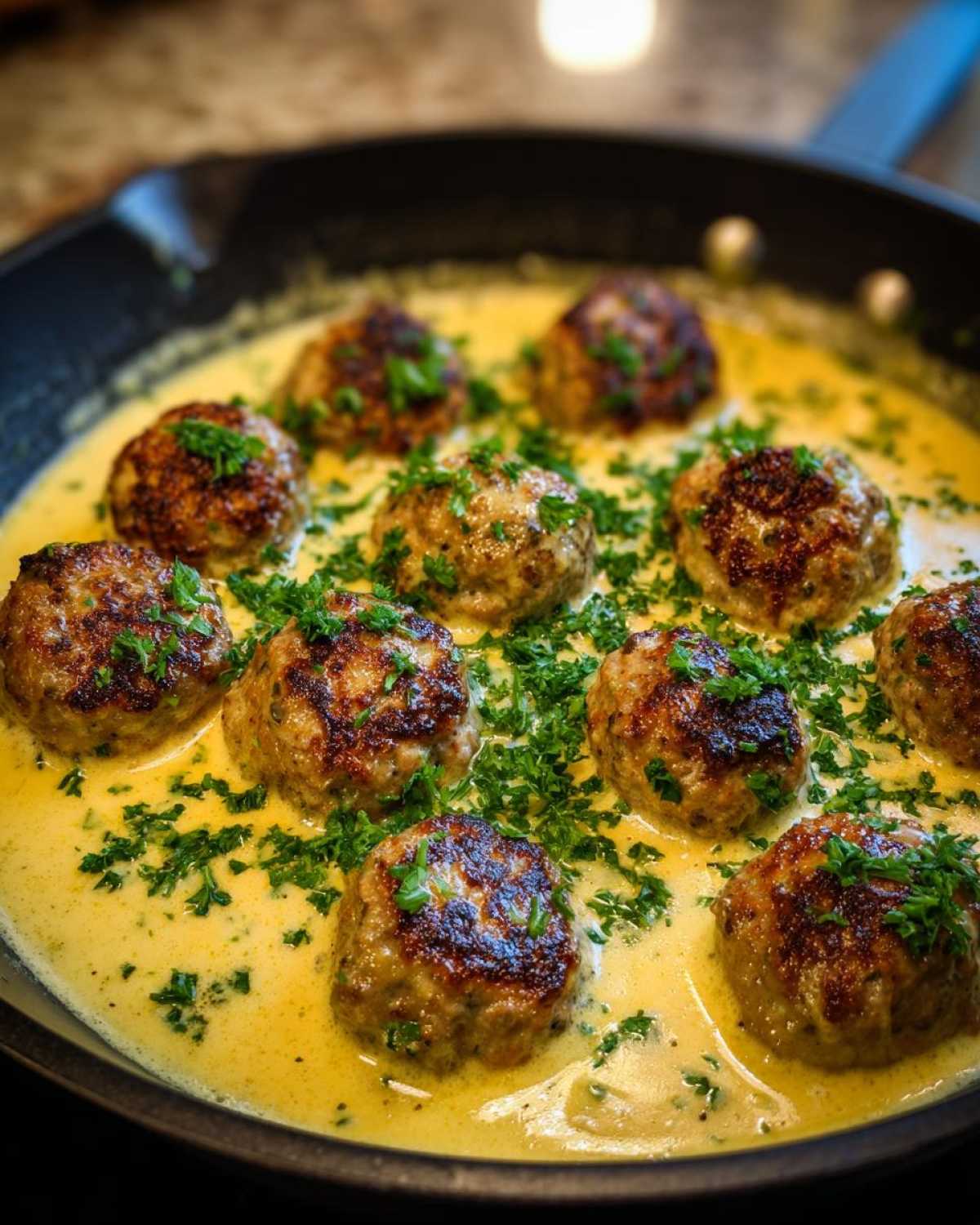 Close-up of browned One-Pan Creamy Lemon Garlic Turkey Meatballs simmering in a rich, yellow sauce and garnished with fresh parsley.