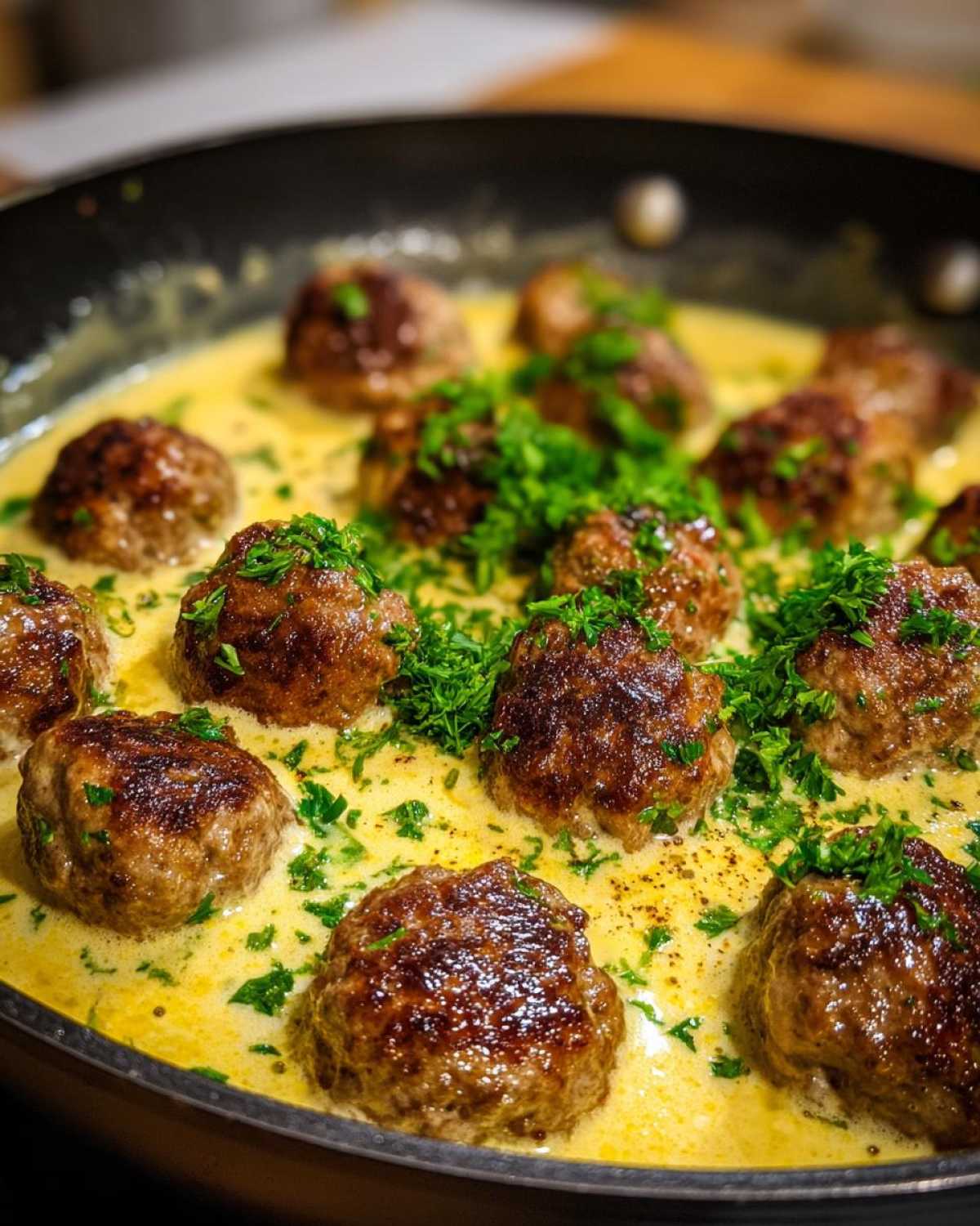 Close-up of browned turkey meatballs simmering in a creamy lemon garlic sauce, topped with fresh parsley.