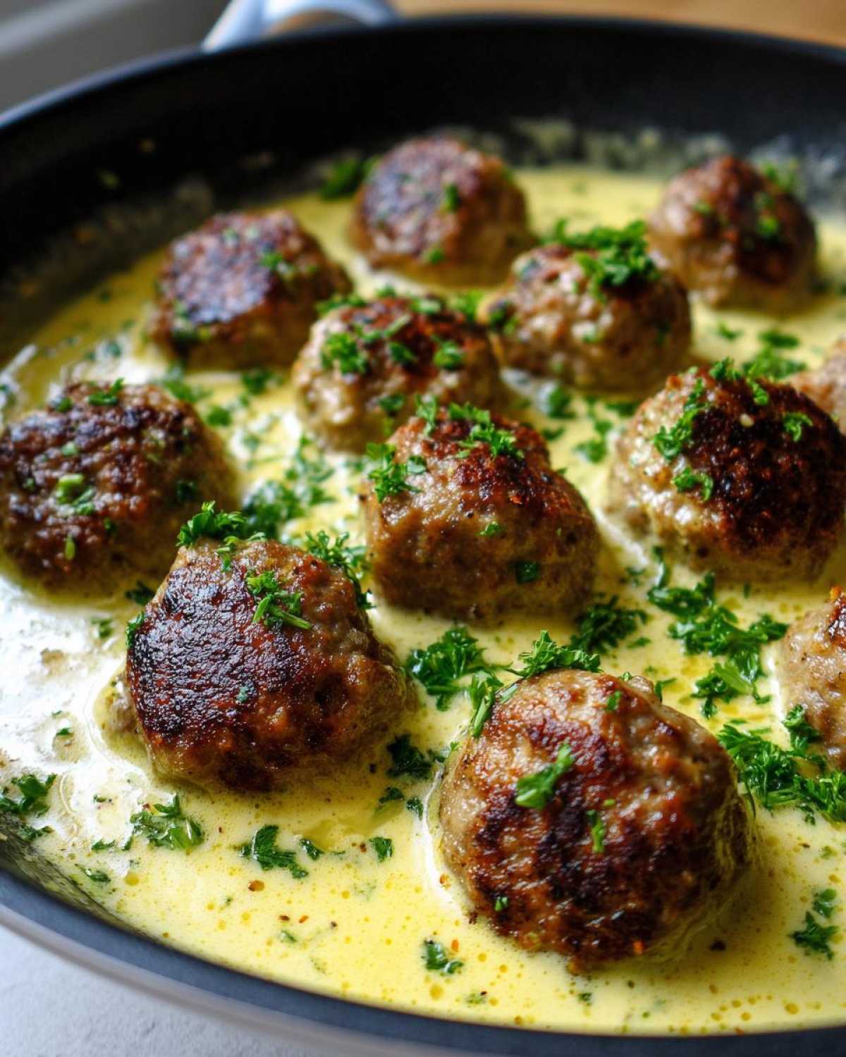 Close-up of browned turkey meatballs simmering in a creamy lemon garlic sauce, garnished with fresh parsley.