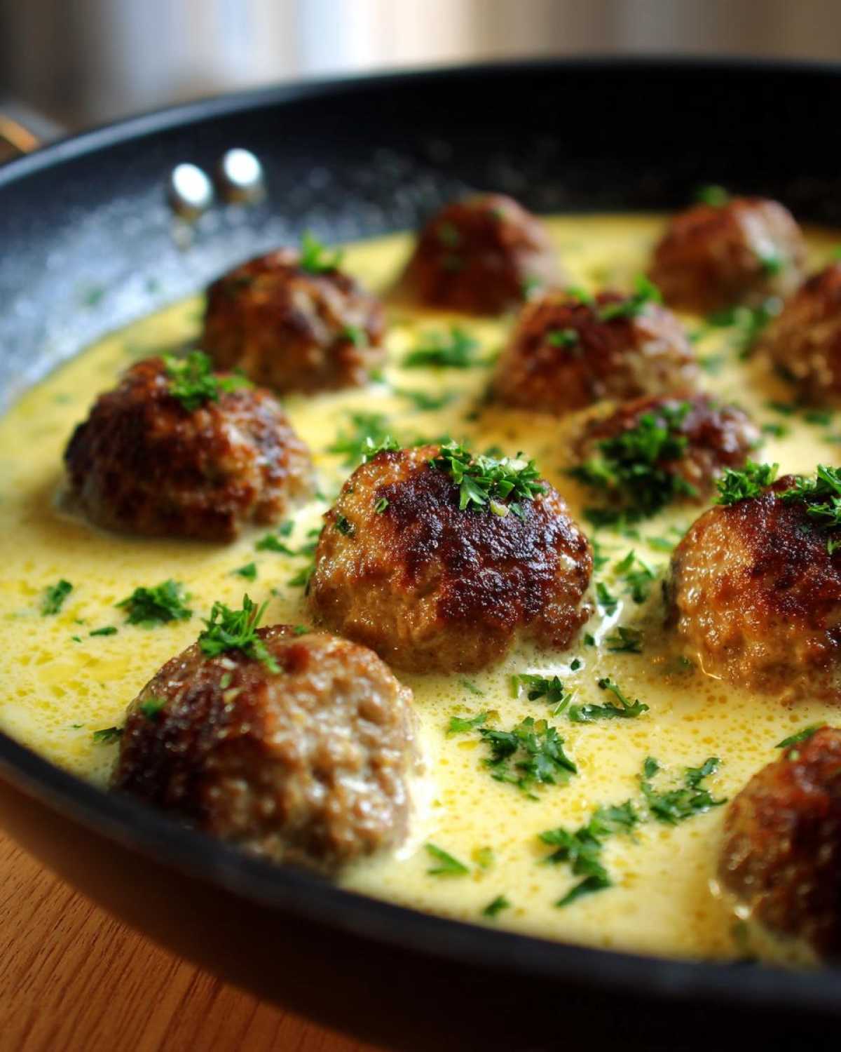 Close-up of browned turkey meatballs simmering in a creamy lemon garlic sauce, garnished with fresh parsley.