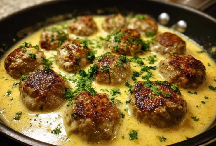 Close-up of browned turkey meatballs simmering in a creamy lemon garlic sauce, garnished with fresh parsley.