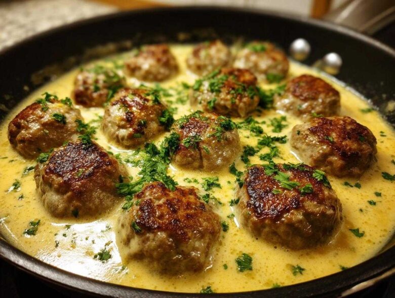 Close-up of browned turkey meatballs simmering in a creamy lemon garlic sauce, garnished with fresh parsley.