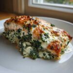 A perfectly cooked piece of One-Pan Creamy Spinach Feta Stuffed Salmon on a white plate.