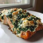 A perfectly cooked fillet of One-Pan Creamy Spinach Feta Stuffed Salmon on a white plate.