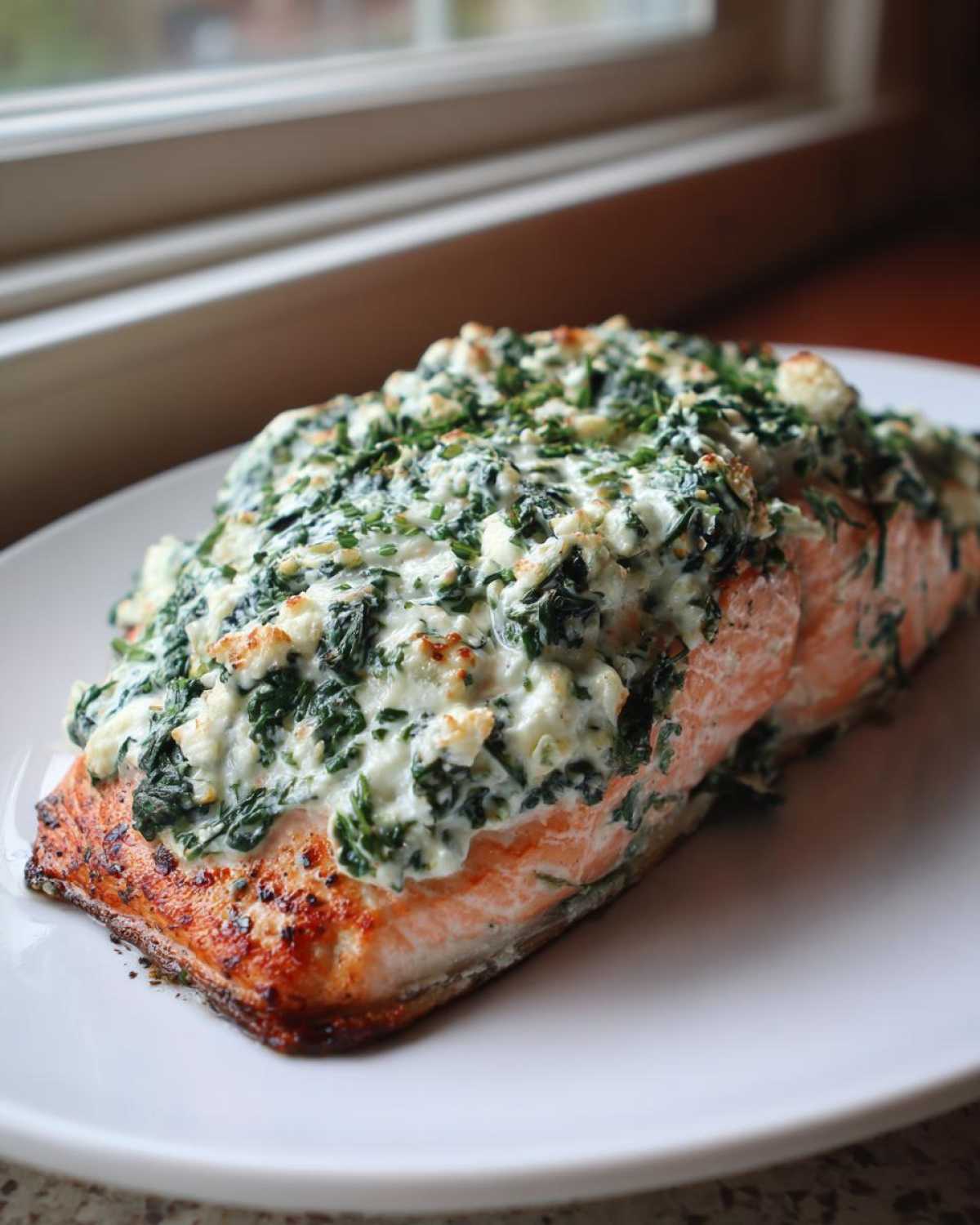 A perfectly cooked fillet of One-Pan Creamy Spinach Feta Stuffed Salmon on a white plate.