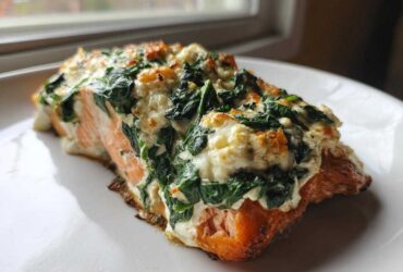 A perfectly cooked fillet of One-Pan Creamy Spinach Feta Stuffed Salmon on a white plate.