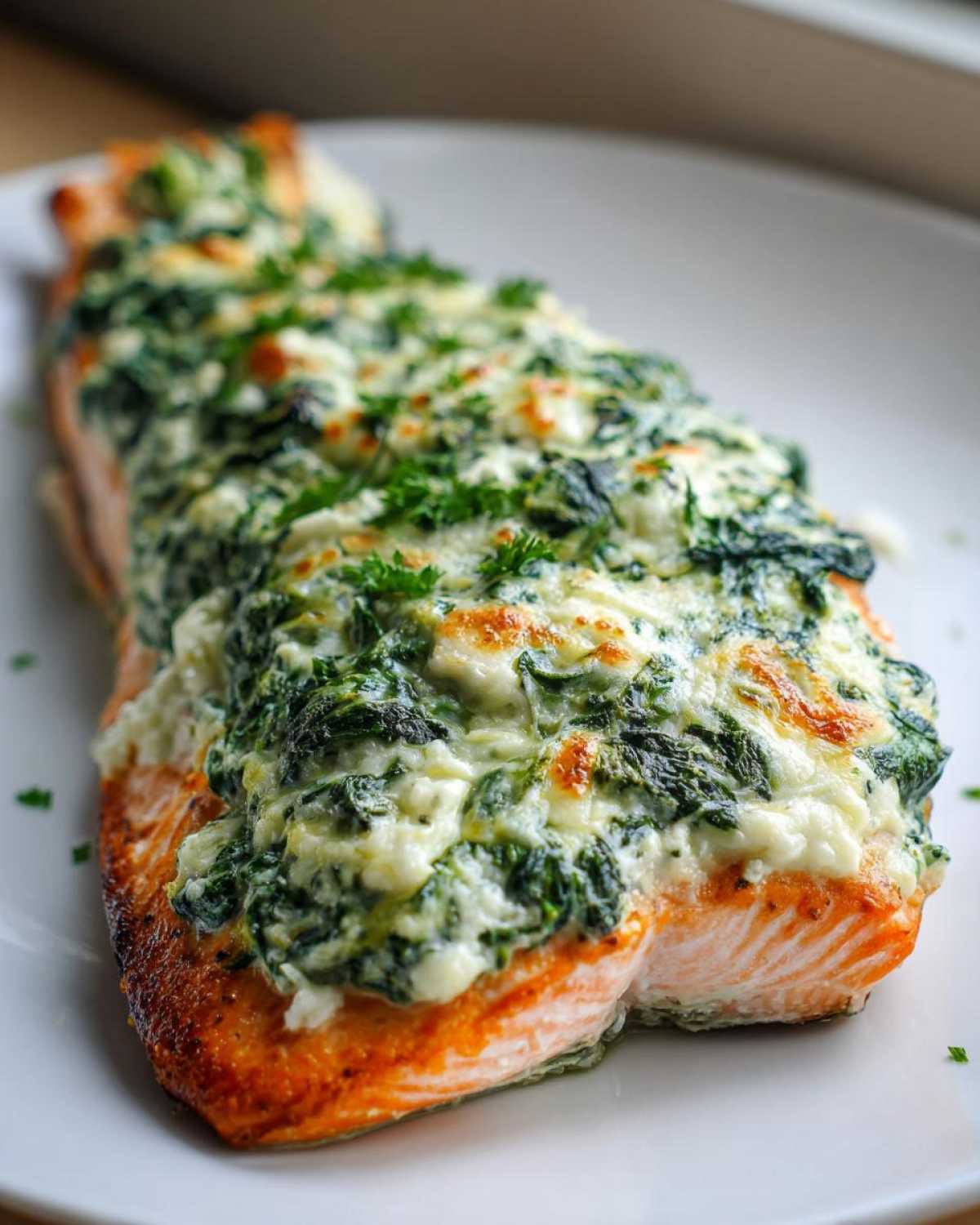 A perfectly cooked fillet of One-Pan Creamy Spinach Feta Stuffed Salmon on a white plate.
