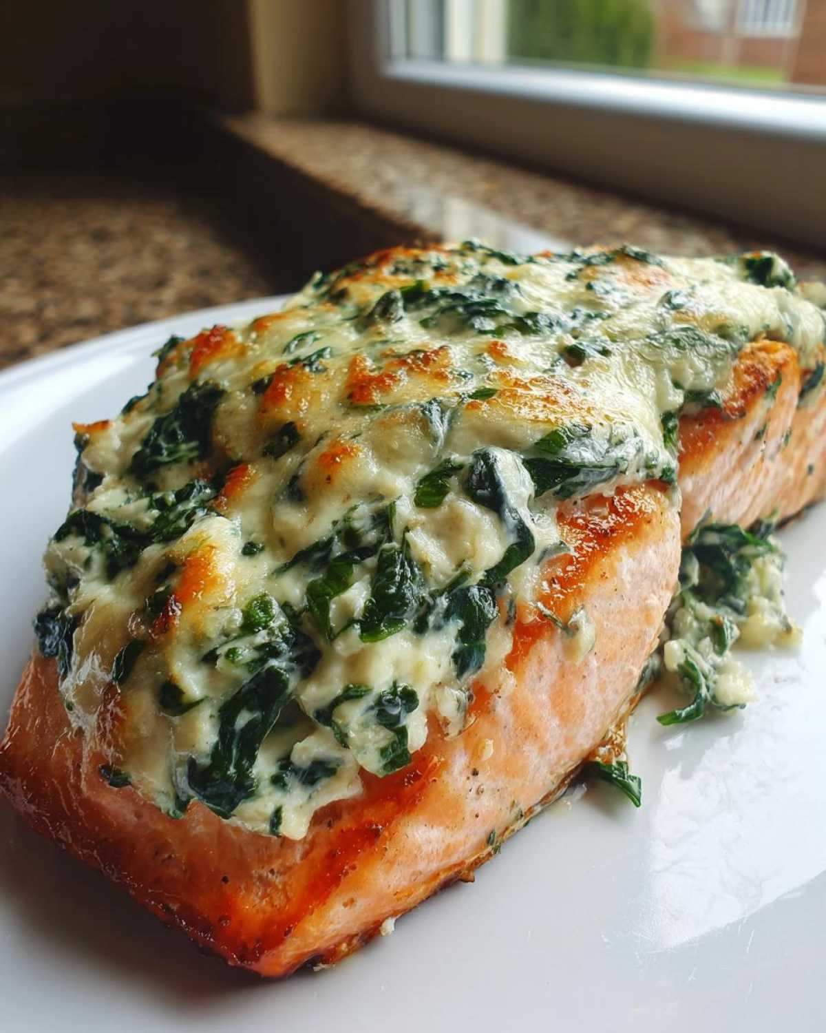 Close-up of a perfectly cooked One-Pan Creamy Spinach Feta Stuffed Salmon fillet with a bubbly, golden-brown topping.