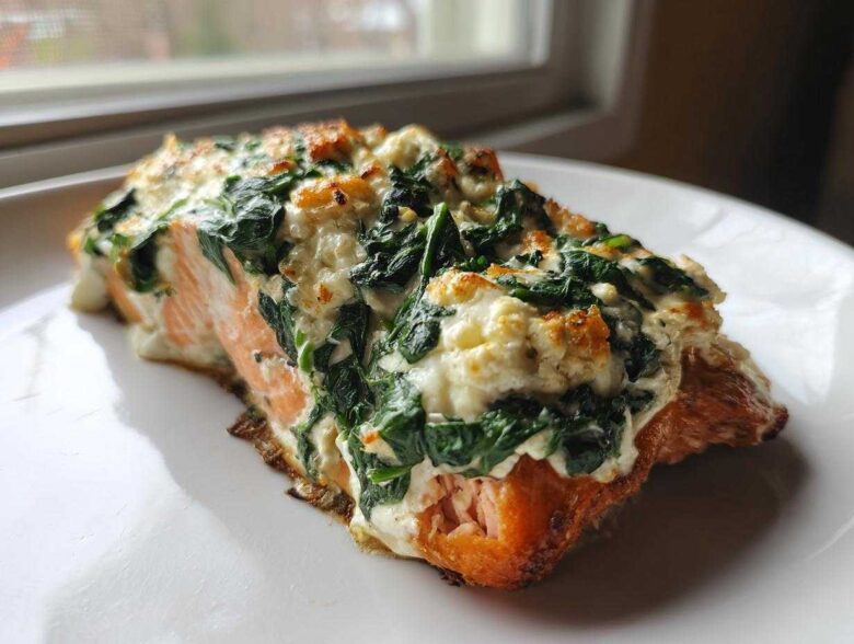 A perfectly cooked fillet of One-Pan Creamy Spinach Feta Stuffed Salmon on a white plate.