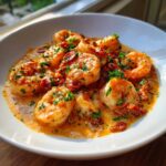 Plump shrimp coated in a rich, creamy sun-dried tomato sauce, garnished with fresh parsley, ready to eat.