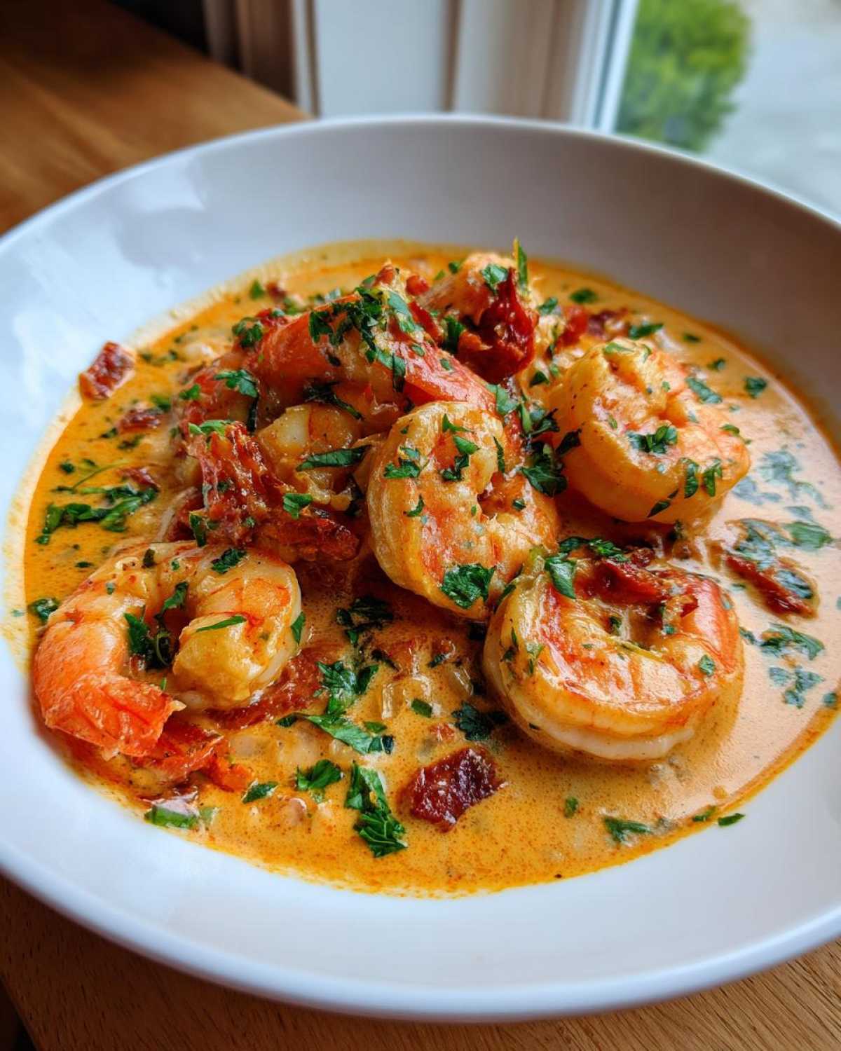 A close-up of plump shrimp served in a rich, creamy sun-dried tomato sauce, garnished with fresh parsley. This is the One-Pan Creamy Sun-Dried Tomato Shrimp.