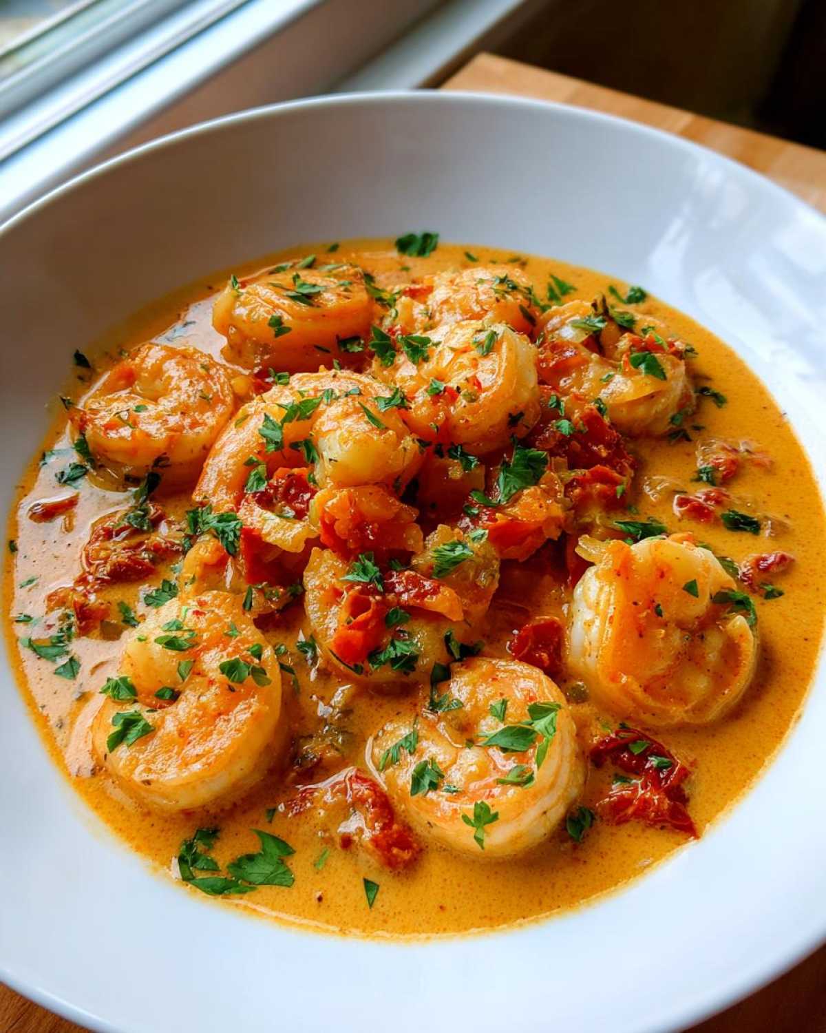 Close-up of One-Pan Creamy Sun-Dried Tomato Shrimp in a white bowl, garnished with parsley.