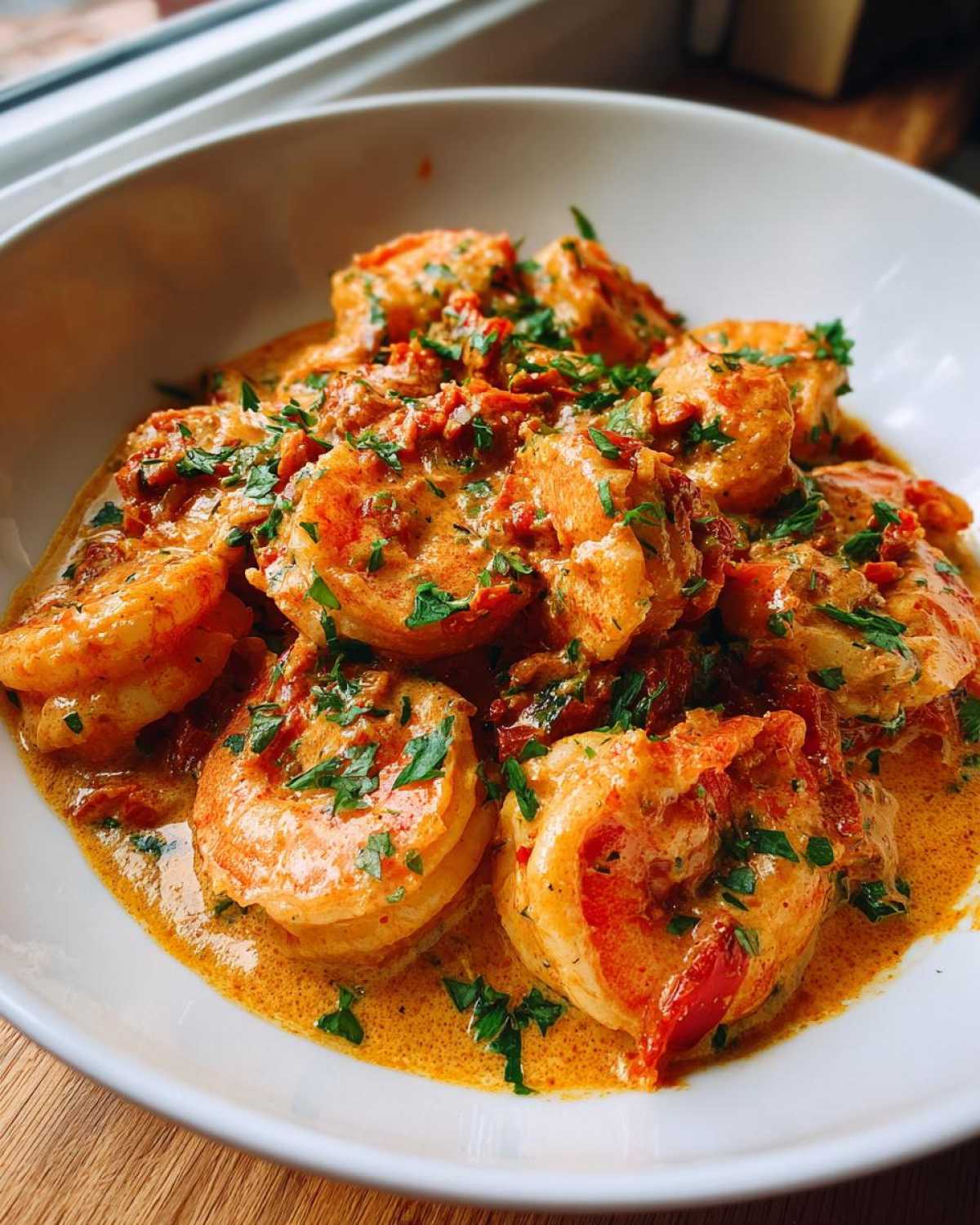 Plump shrimp coated in a rich, creamy sun-dried tomato sauce, garnished with fresh parsley, ready to eat.