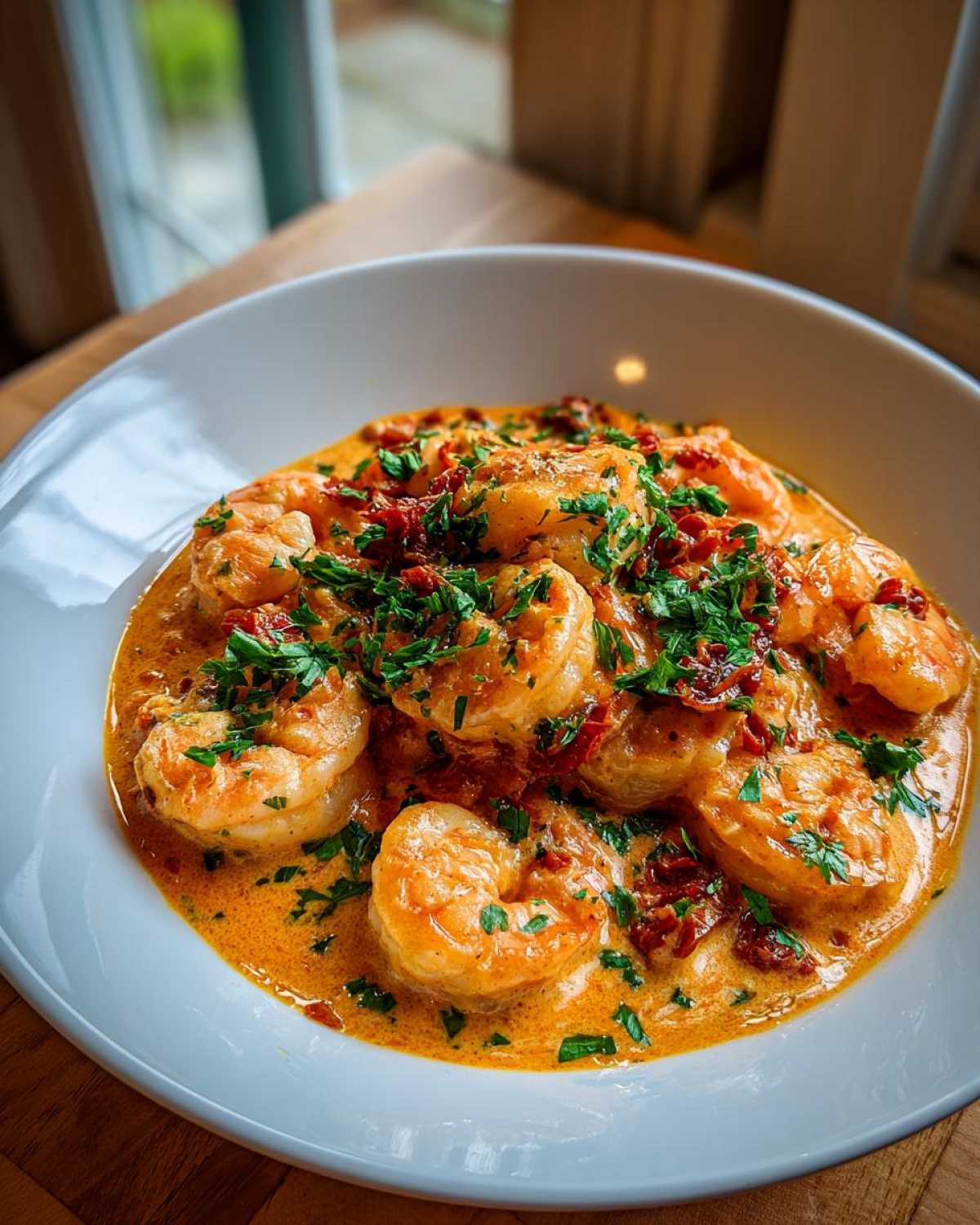 Close-up of succulent shrimp in a rich, creamy sun-dried tomato sauce, garnished with fresh parsley.
