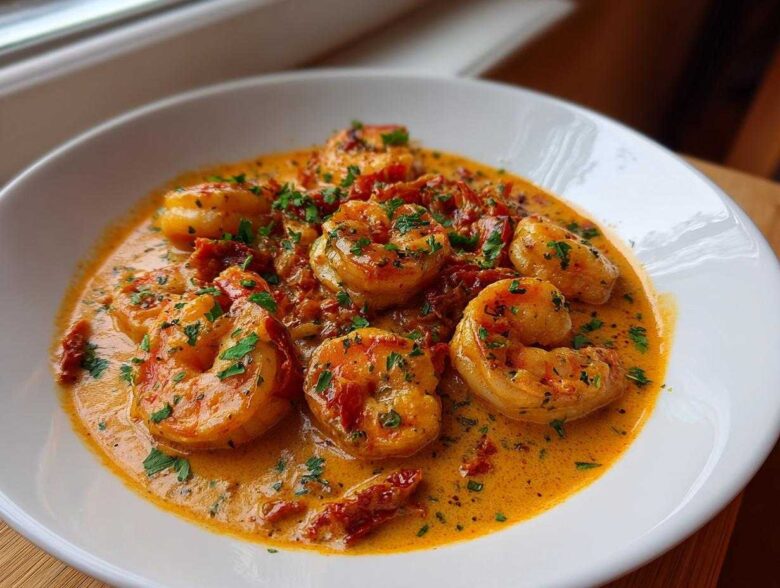 Plump shrimp coated in a rich, creamy sun-dried tomato sauce, garnished with fresh parsley. This is the One-Pan Creamy Sun-Dried Tomato Shrimp.