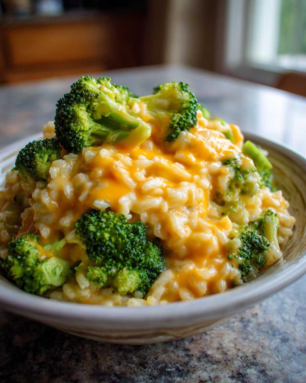 Close-up of a bowl filled with One-Pot Creamy Broccoli Cheddar Rice topped with melted cheese and fresh broccoli florets.