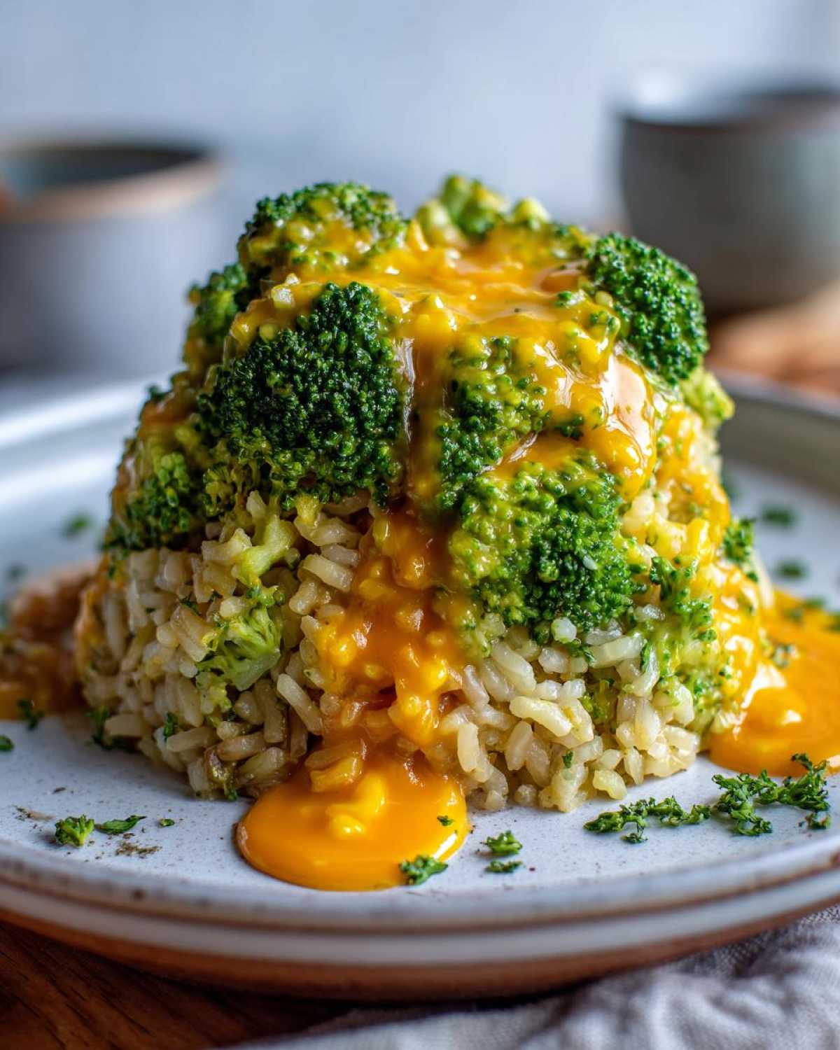 A molded serving of One-Pot Creamy Broccoli Cheddar Rice topped with bright green broccoli florets and rich cheddar sauce.