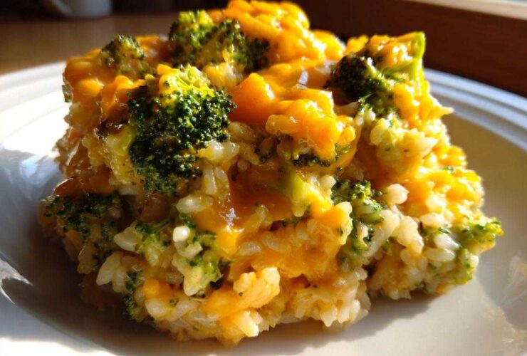 A close-up serving of One-Pot Creamy Broccoli Cheddar Rice, featuring bright green broccoli florets and melted cheddar cheese over rice.