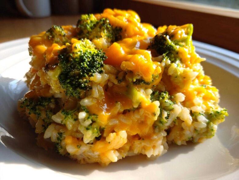 A close-up serving of One-Pot Creamy Broccoli Cheddar Rice, featuring bright green broccoli florets and melted cheddar cheese over rice.