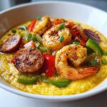 A close-up of a white bowl filled with creamy yellow grits topped with blackened shrimp, sliced sausage, and colorful bell peppers.