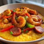 A close-up of a white bowl filled with creamy One-Pot Creamy Cajun Shrimp and Grits, topped with seasoned shrimp and andouille sausage.