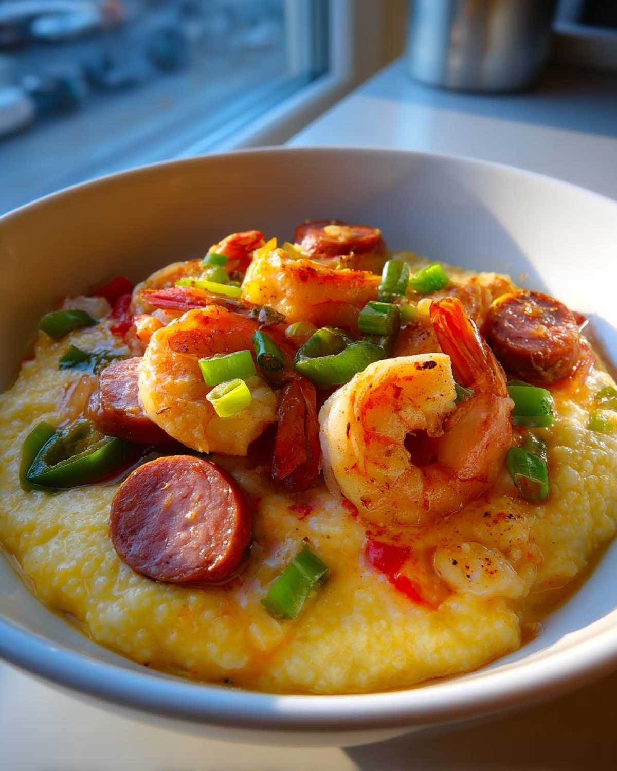 A close-up, sunlit bowl of One-Pot Creamy Cajun Shrimp and Grits topped with sliced sausage and green onions.