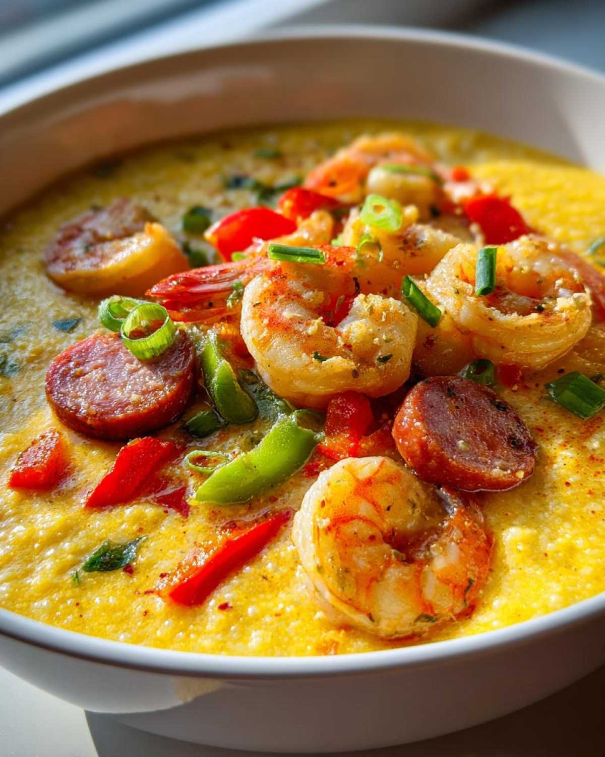 A close-up of a bowl of One-Pot Creamy Cajun Shrimp and Grits topped with sliced sausage and green onions.