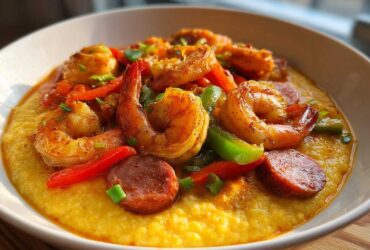A close-up of a white bowl filled with creamy One-Pot Creamy Cajun Shrimp and Grits, topped with seasoned shrimp and andouille sausage.