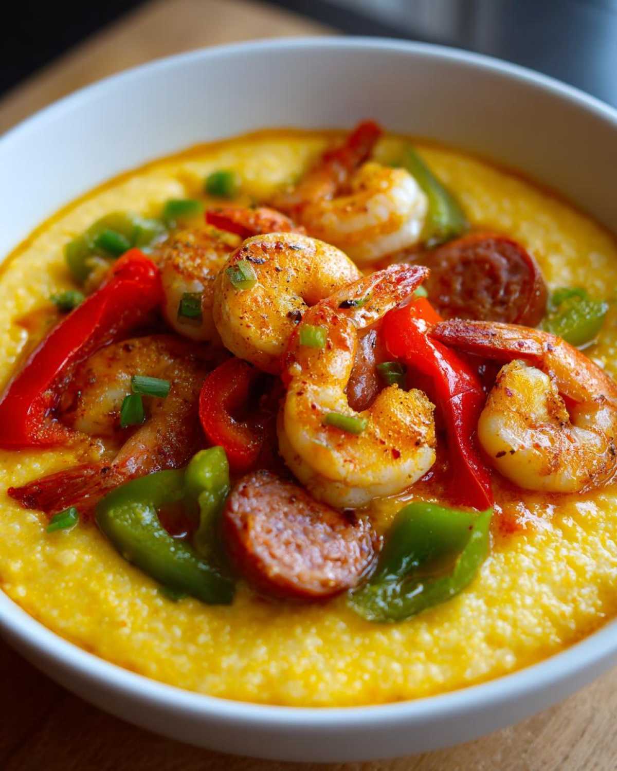 A close-up shot of One-Pot Creamy Cajun Shrimp and Grits topped with shrimp, sliced sausage, and bell peppers.