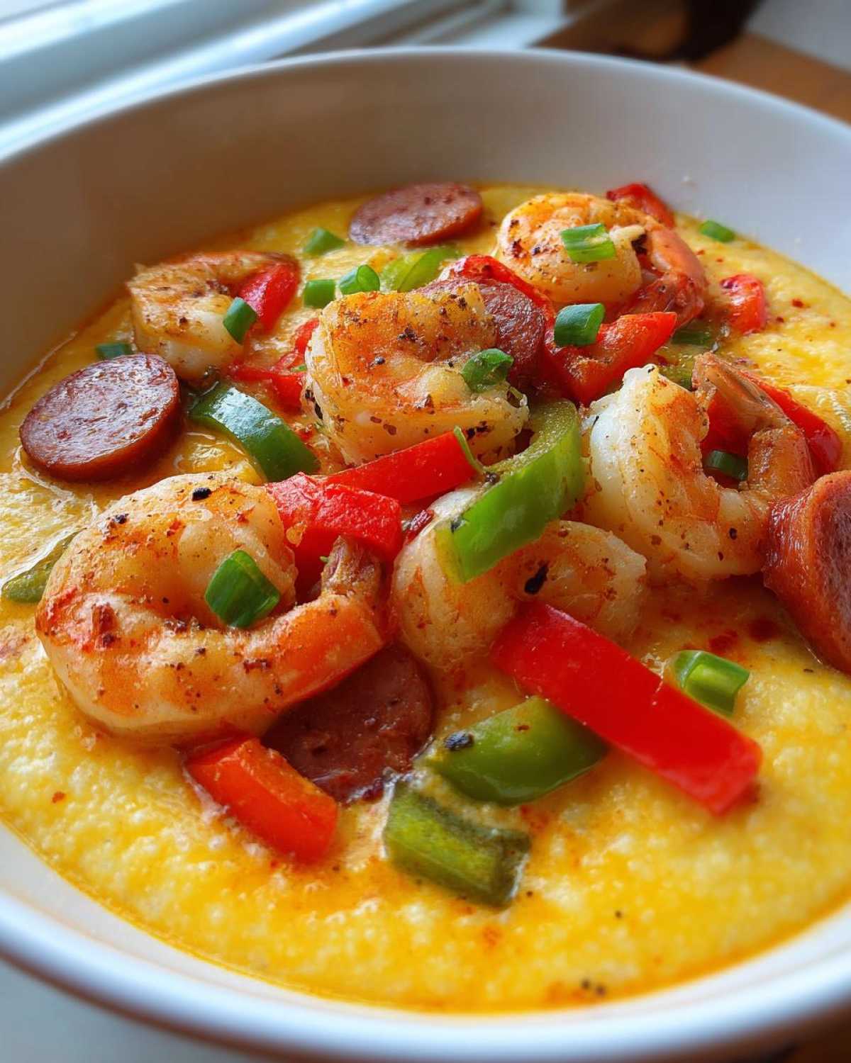 A close-up bowl of creamy One-Pot Creamy Cajun Shrimp and Grits topped with seasoned shrimp, sliced andouille sausage, and colorful bell peppers.
