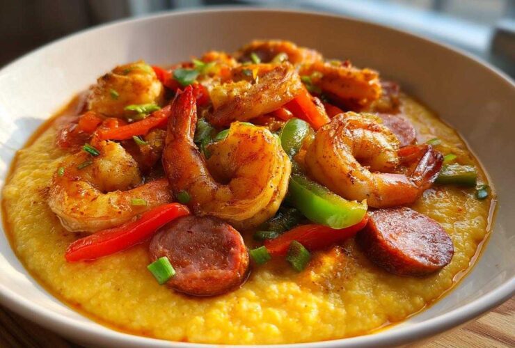 A close-up of a white bowl filled with creamy One-Pot Creamy Cajun Shrimp and Grits, topped with seasoned shrimp and andouille sausage.