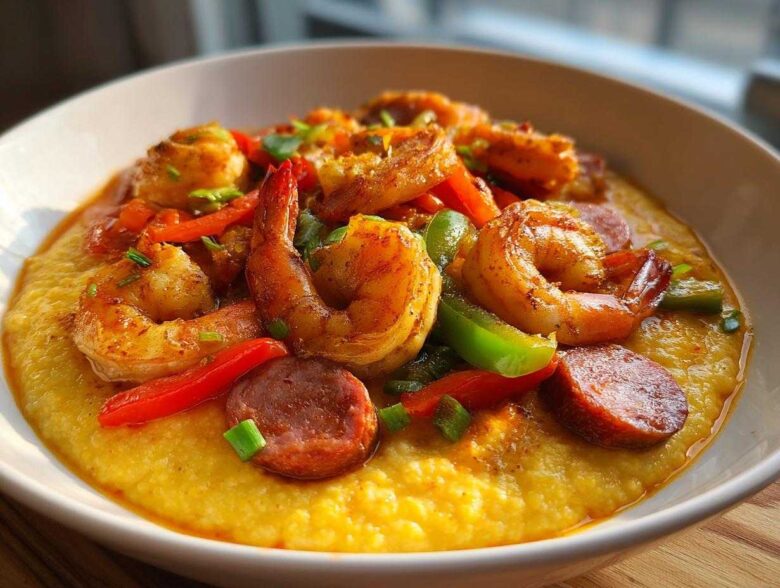 A close-up of a white bowl filled with creamy One-Pot Creamy Cajun Shrimp and Grits, topped with seasoned shrimp and andouille sausage.