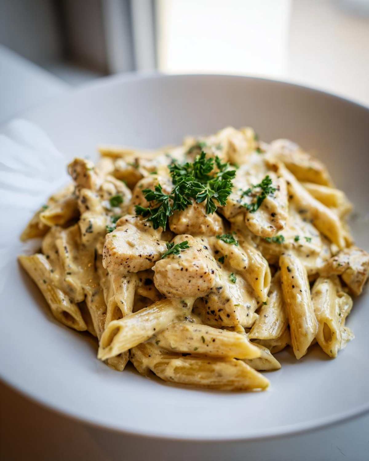 Close-up of One-Pot Creamy Lemon Pepper Chicken Pasta served in a white bowl, garnished with fresh parsley.