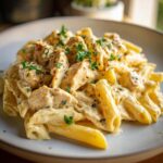 A close-up shot of creamy One-Pot Creamy Lemon Pepper Chicken Pasta featuring penne pasta, chunks of seasoned chicken, and fresh parsley garnish.