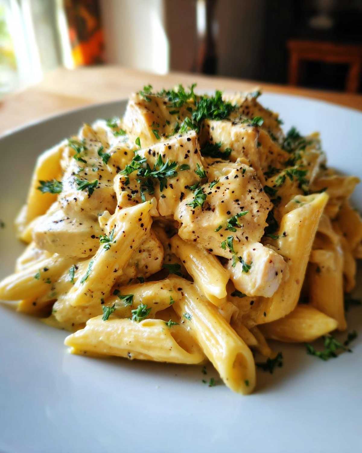 Close-up of One-Pot Creamy Lemon Pepper Chicken Pasta with penne, chicken chunks, and fresh parsley.