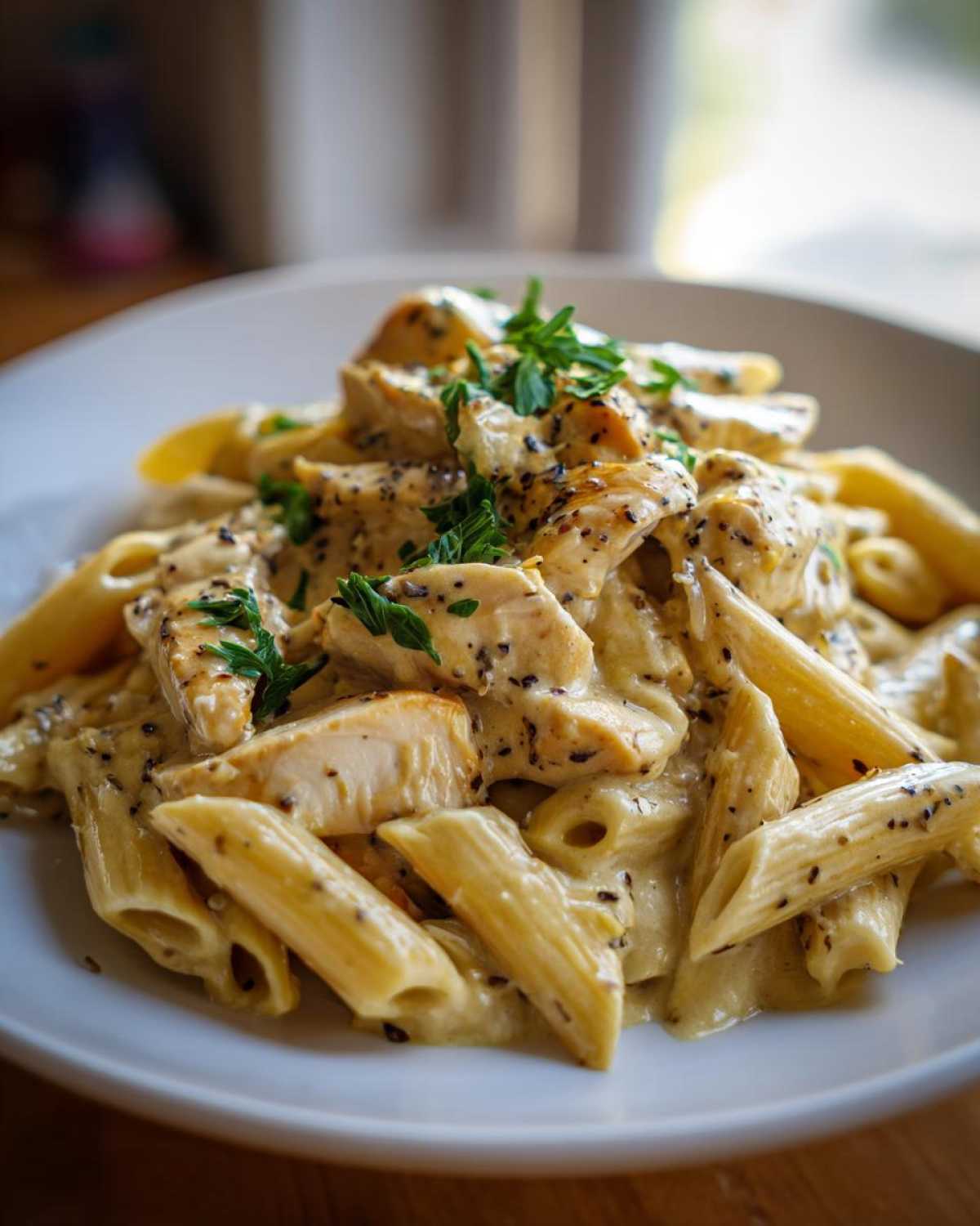 Close-up of a plate of One-Pot Creamy Lemon Pepper Chicken Pasta with penne and sliced chicken.