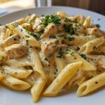 A close-up of a serving of One-Pot Creamy Lemon Pepper Chicken Pasta with penne, chicken chunks, and fresh parsley garnish.